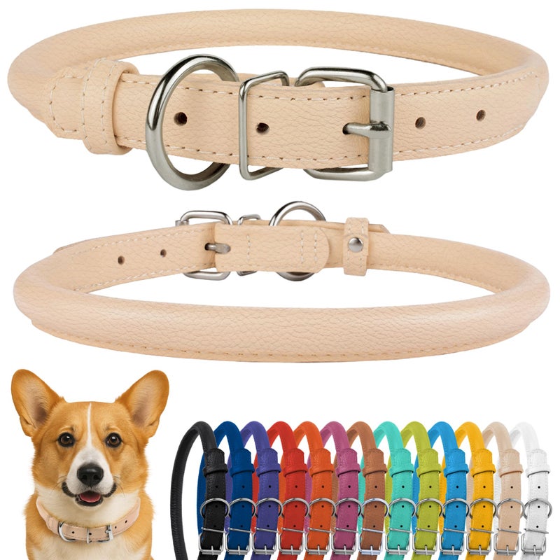CollarDirect Rolled Leather Dog Collar, Soft Padded Round Puppy Collar, Handmade Genuine Leather Collar Dog Small Large Cat Collars 13 Colors (11-14 Inch, Beige Textured) - Image 1